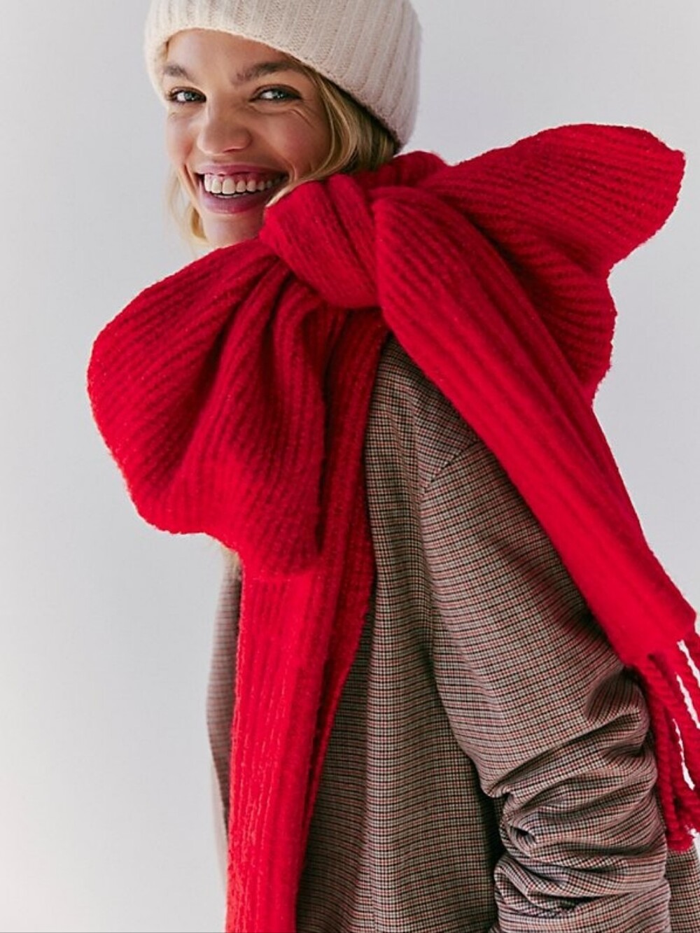 Free People Hit The Ground Scarf bright red oversized ribbed holiday women's NWT